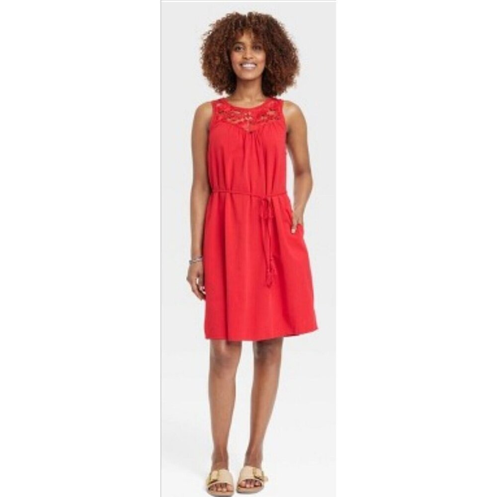 Knox Rose Sleeveless Cherry Red Crochet Belted Knee Length Dress W Pockets L NWT - Picture 2 of 9